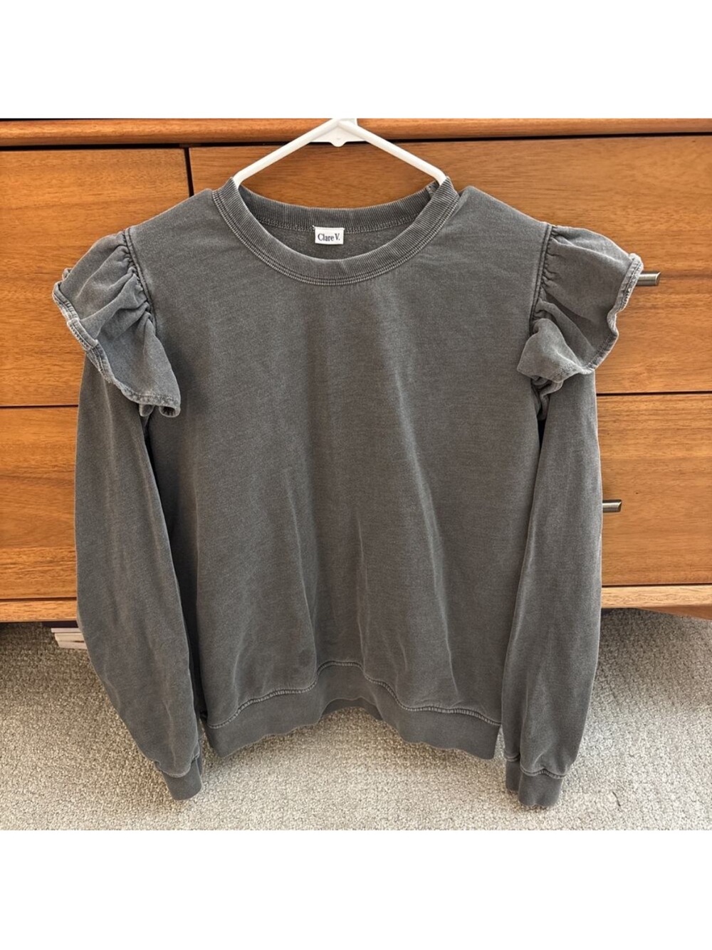 Clare V Washed Charcoal Ruffle-Shoulder Sweatshirt